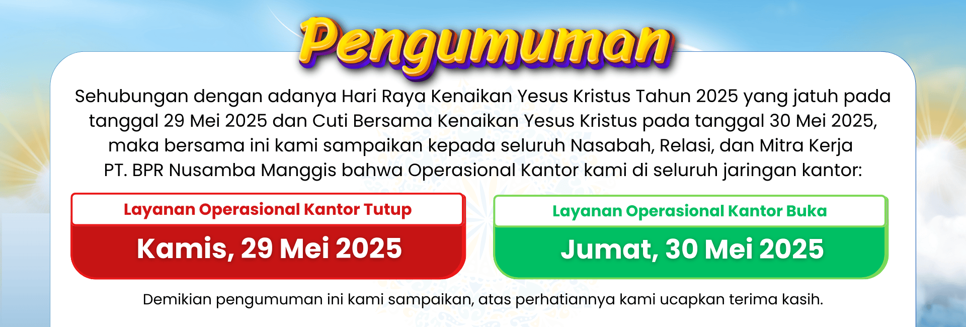 Pengumuman Hari Raya Kenaikan Yesus Kristus Tahun 2025